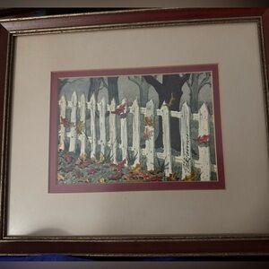 Vintage Dick Tanner Signed Watercolor – White Fence Autumn Leaves Framed 10x12